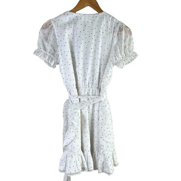 Superdown Jacelyn Wrap Mini Dress Ruffle Hem in White Black Polka Dots, Size XS - Picture 11 of 14